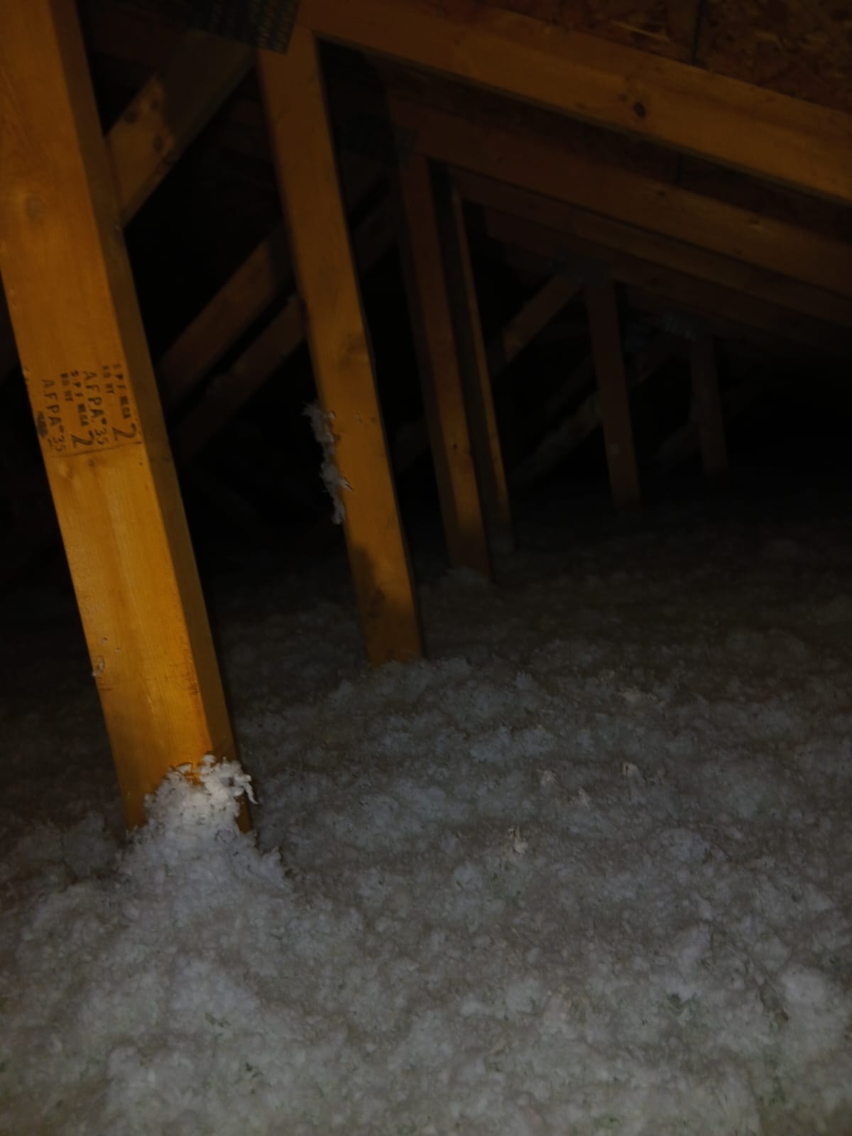 Blown-in insulation covering attic floor between wooden trusses